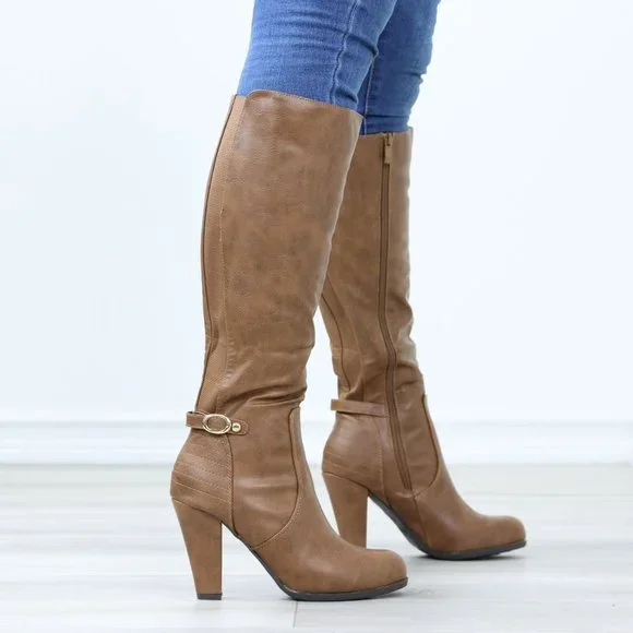 Tan Below The Knee Faux Leather Boots Round Toe Classy Cone Heeled - Picture 4 of 14